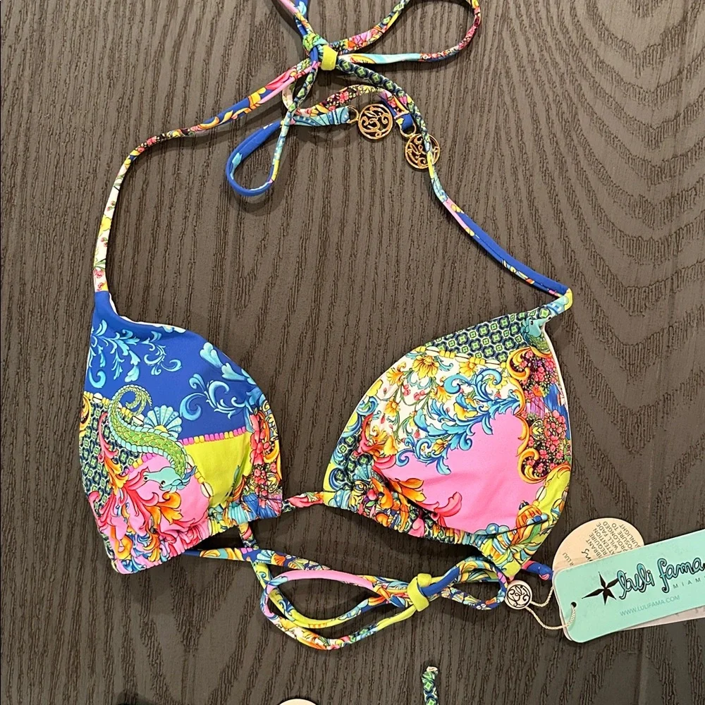 Luli Fama Vibrant Blue Pink Yellow Paisley Triangle Bikini - Picture 5 of 11